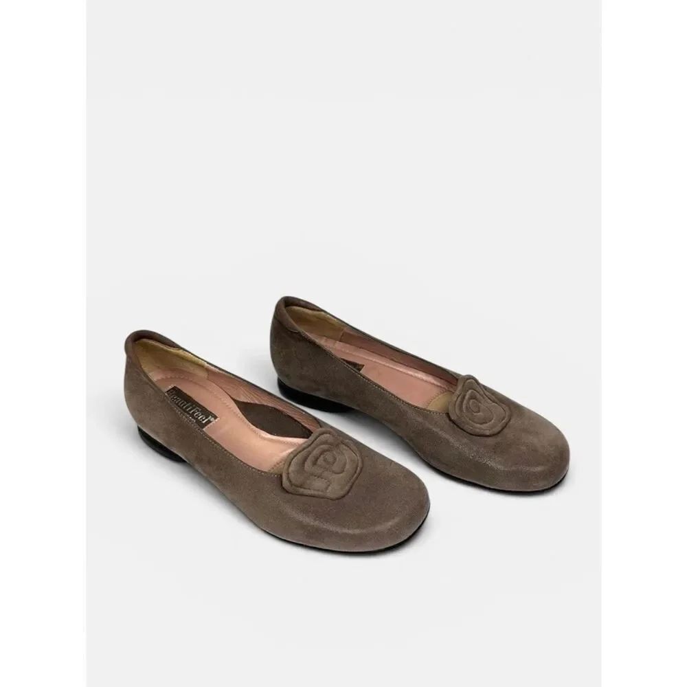 BeautiFeel Alexa Taupe Suede Leather Flats Shoes with Rosette Details 37 US 6,5